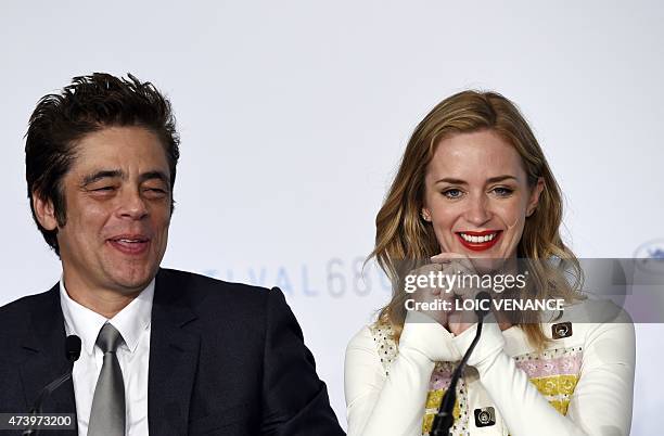 Puerto Rican actor Benicio Del Toro and British actress Emily Blunt attend a press conference for the film "Sicario" at the 68th Cannes Film Festival...