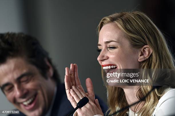 British actress Emily Blunt laughs during a press conference for the film "Sicario" at the 68th Cannes Film Festival in Cannes, southeastern France,...