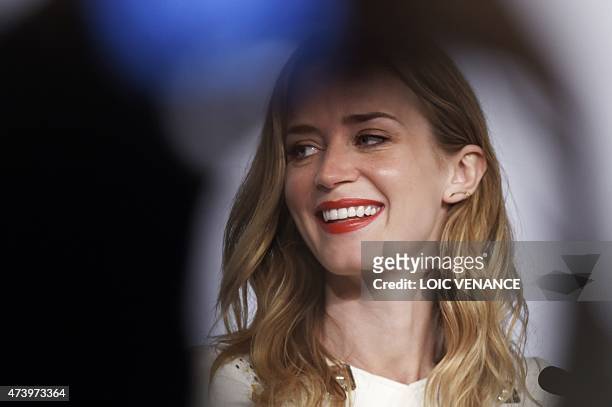 British actress Emily Blunt smiles during a press conference for the film "Sicario" at the 68th Cannes Film Festival in Cannes, southeastern France,...