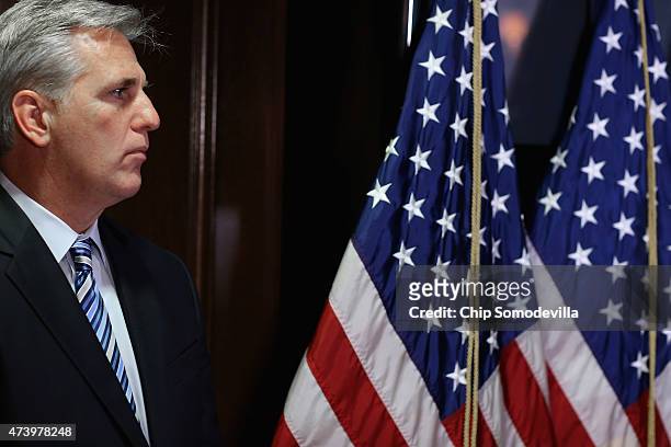 House Majority Leader Kevin McCarthy faces reporters after the weekly House GOP caucus meeting at the Republican National Committee headquarters on...