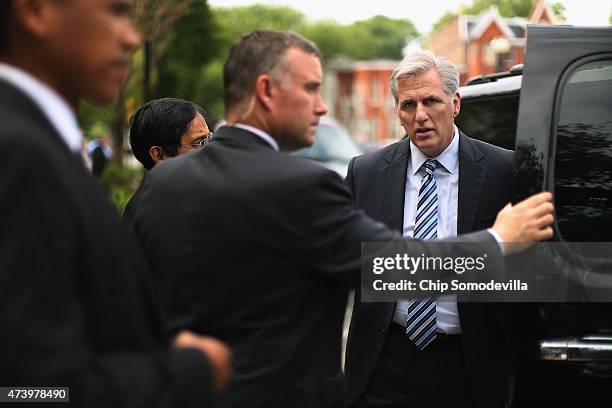 House Majority Leader Kevin McCarthy talks to reporters after leaving the weekly House GOP caucus meeting at the Republican National Committee...