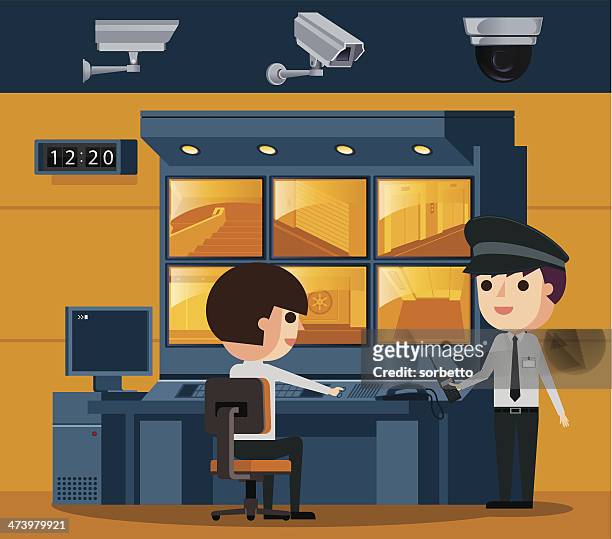 ilustrações de stock, clip art, desenhos animados e ícones de vigilância sala de controlo - camera stand