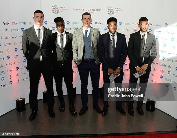 LLoyd Jones, Sheji Ojo, Jordan Williams and Jerome Sinclair of Liverpool arrive at the Liverpool Player of the Year Awards on May 19, 2015 in...