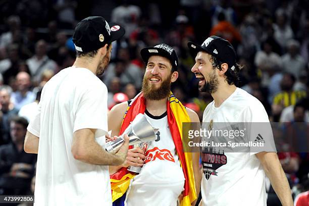 Rudy Fernandez, Sergio Rodriguez and Sergio Llull during the Turkish Airlines Euroleague Final Four Madrid 2015 Champion Trophy Ceremony at...