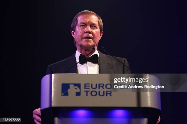 George O'Grady the Chief Executive of the European Tour speaks to the guests during the European Tour Players' Awards ahead of the BMW PGA...