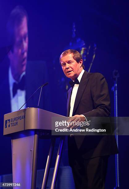 George O'Grady the Chief Executive of the European Tour speaks to the guests during the European Tour Players' Awards ahead of the BMW PGA...
