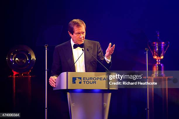 George O'Grady the Chief Executive of the European Tour speaks to the audience during the European Tour Players' Awards ahead of the BMW PGA...