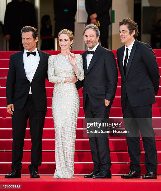 Actors Josh Brolin, Emily Blunt, director Denis Villeneuve and actor Benicio Del Toro attend the "Sicario" Premiere during the 68th annual Cannes...