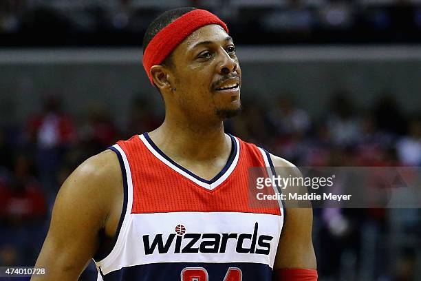 Paul Pierce of the Washington Wizards looks on during the second half against the Atlanta Hawks at Verizon Center on May 15, 2015 in Washington, DC....