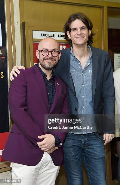 Playwright Robert Askins and director Alex Timbers attend the "Permission" Opening Night at Lucille Lortel Theatre on May 19, 2015 in New York City.