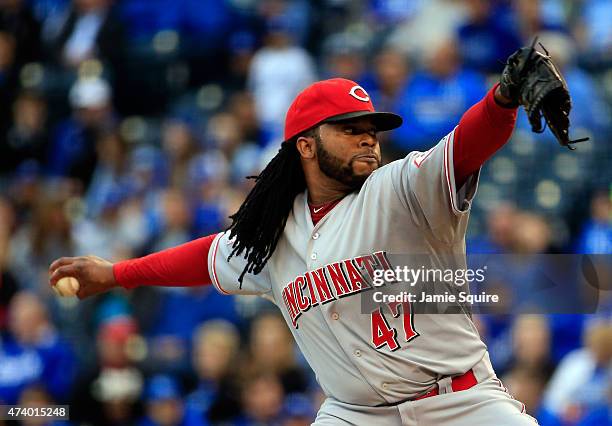 Starting pitcher Johnny Cueto of the Cincinnati Reds pitches during the 1st inning of the game against the Kansas City Royals at Kauffman Stadium on...