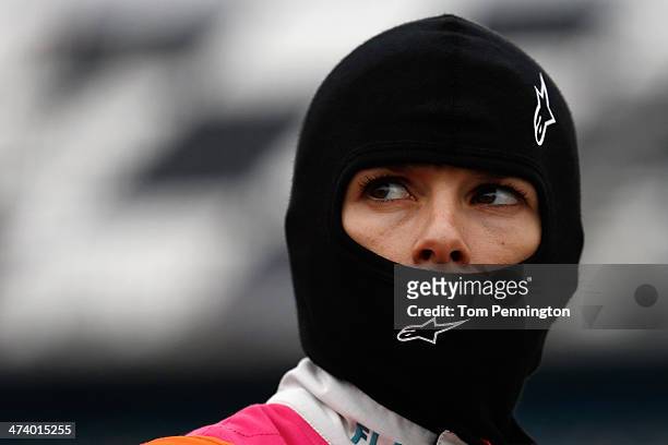 Danica Patrick, driver of the Florida Lottery Chevrolet, stands on the grid during qualifying for the NASCAR Nationwide Series DRIVE4COPD 300 at...