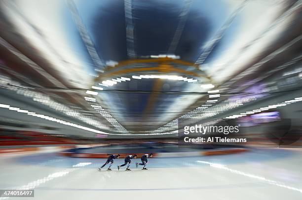 Winter Olympics: South Korea Joo Hyong Jun, Kim Cheol Min, and Lee Seung Hoon in action during Men's Team Pursuit at Adler Arena Skating Center....
