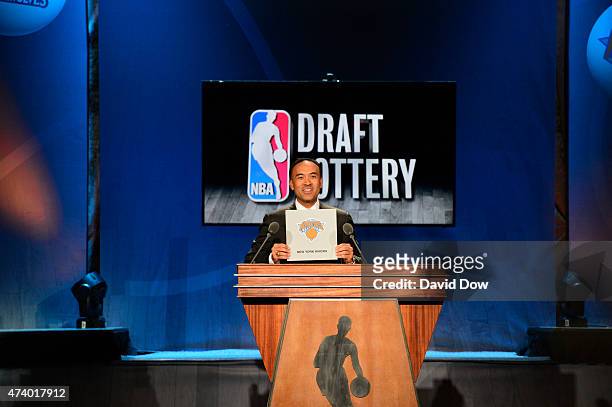 Deputy Commissioner Mark Tatum announces the New York Knicks selects fourth during the 2015 NBA Draft Lottery on May 19, 2015 at the New York Hilton...
