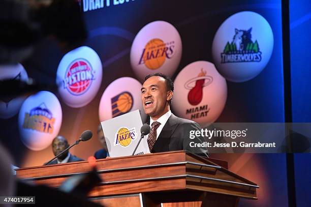 Deputy Commissioner Mark Tatum announces the 3rd pick goes to Los Angeles Lakers during the 2015 NBA Draft Lottery on May 19, 2015 at the New York...