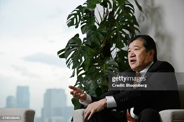 Tatsuo Yasunaga, president and chief executive officer of Mitsui & Co., speaks during an interview in Tokyo, Japan, on Tuesday, May 19, 2015. Food,...