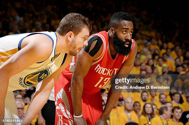 David Lee of the Golden State Warriors guards his position against James Harden of the Houston Rockets in Game One of the Western Conference Finals...