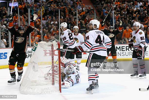 Andrew Cogliano of the Anaheim Ducks celebrates his first period goal against the Chicago Blackhawks in Game Two of the Western Conference Finals...