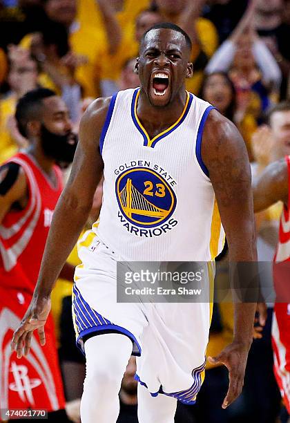 Draymond Green of the Golden State Warriors reacts in the second quarter against the Houston Rockets during Game One of the Western Conference Finals...