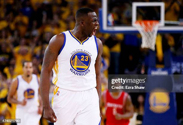 Draymond Green of the Golden State Warriors reacts in the second quarter against the Houston Rockets during Game One of the Western Conference Finals...