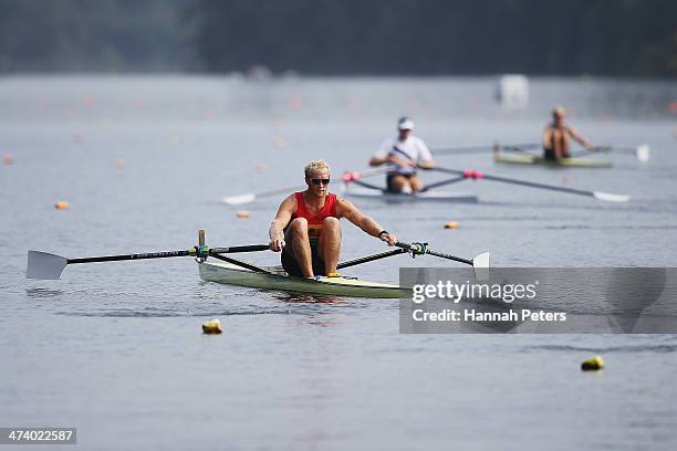 Eric Murray, Mahe Drysdale and Hamish Bond compete in the Men's Premier 1X final during the Bankstream New Zealand Rowing Championships at Lake...