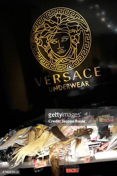 General view of thebackstage at Versace Fashion Show during Milan Fashion Week Womenswear Autumn/Winter 2014 on February 21, 2014 in Milan, Italy.