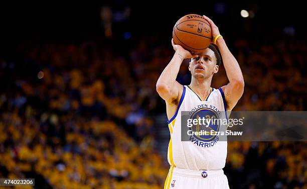 Stephen Curry of the Golden State Warriors shoots a free throw against Houston Rockets in the third quarter during Game One of the Western Conference...