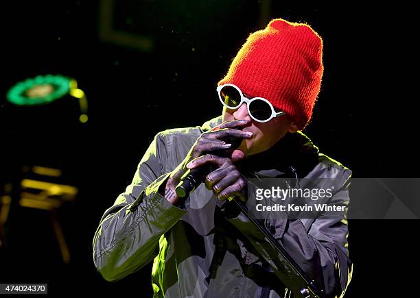 Musician Tyler Joseph of Twenty One Pilots performs onstage during the iHeartRadio Live Series with Twenty One Pilots at the iHeartRadio Theater LA...