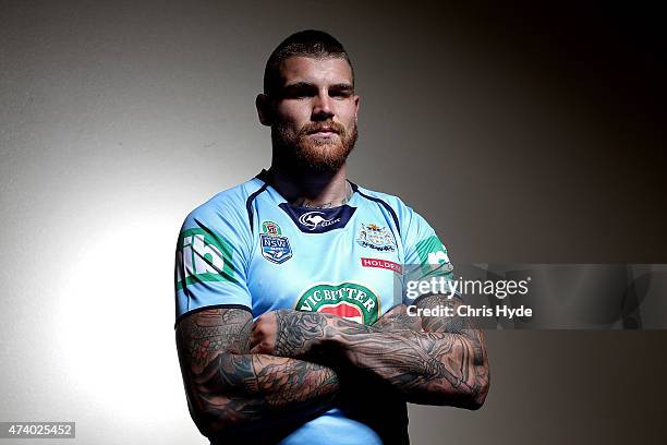 Josh Dugan poses after a team photograph for the New South Wales Blues State of Origin team at Novotel Coffs Harbour on May 20, 2015 in Coffs...