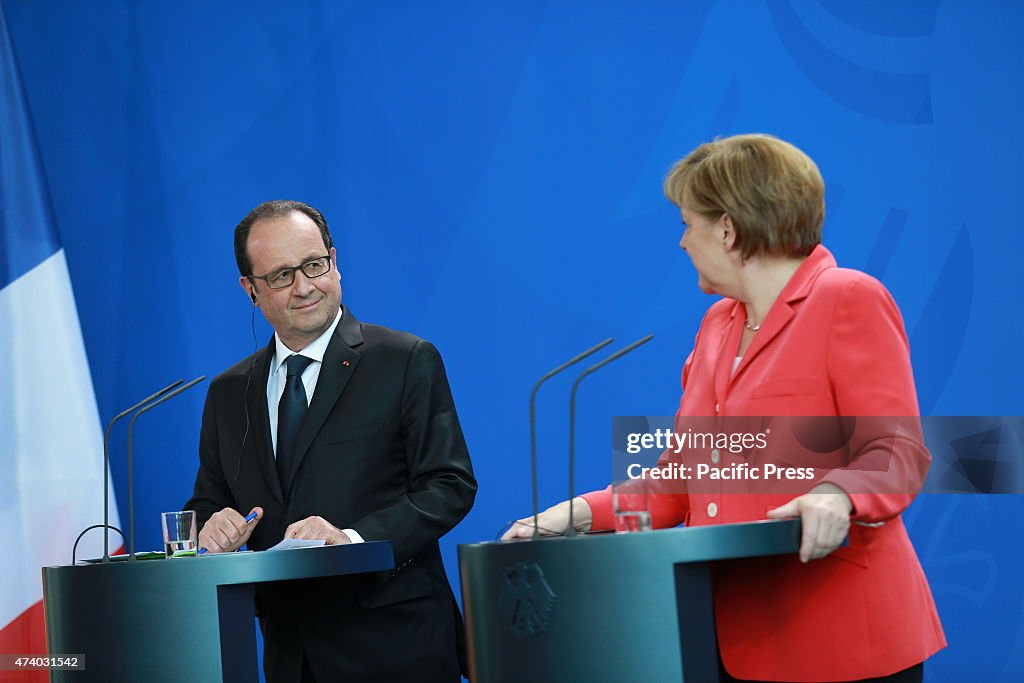 Francois Hollande at the Federal Chancellery in Berlin for a...