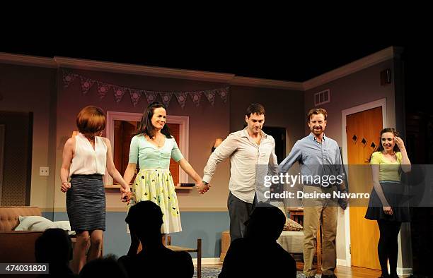 Nicole Lowrance, Elizabeth Reaser,Justin Bartha, Lucas Near-Verbrugghe and Talene Monahon take a bow onstage during "Permission" Opening Night -...