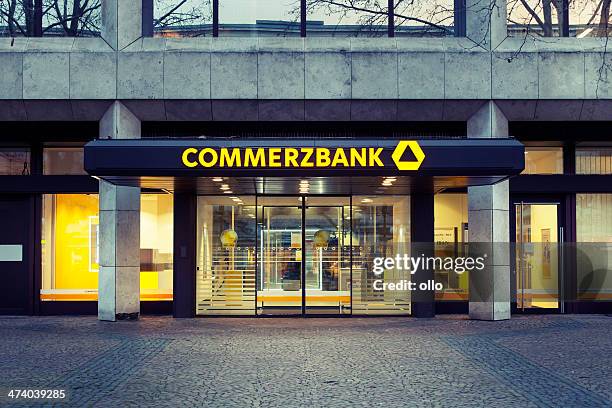 entrance and sign of commerzbank branch - commerzbank stock pictures, royalty-free photos & images