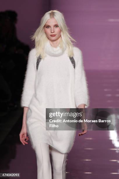 Model walks the runway during the Les Copains show as a part of Milan Fashion Week Womenswear Autumn/Winter 2014 on February 21, 2014 in Milan, Italy.