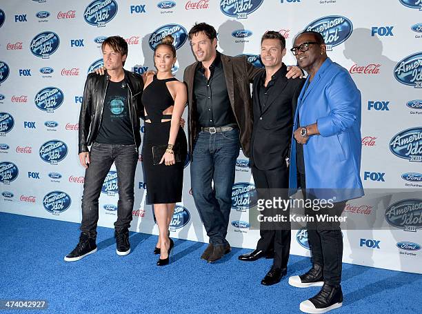 American Idol" judges musician Keith Urban, actress/singer Jennifer Lopez, musician Harry Connick Jr., host Ryan Seacrest and musician Randy Jackson...