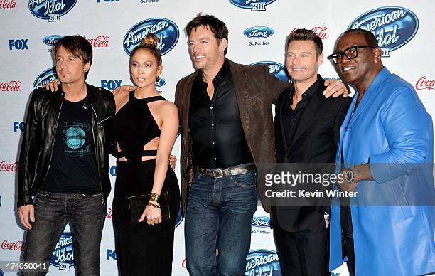 American Idol" judges musician Keith Urban, actress/singer Jennifer Lopez, musician Harry Connick Jr., host Ryan Seacrest and musician Randy Jackson...