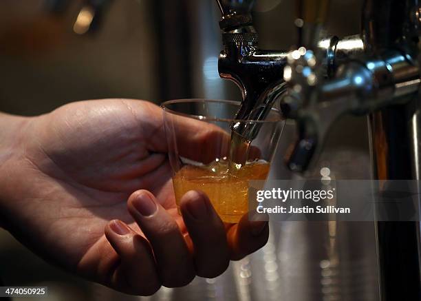 Tim Decker pours samples of Lagunitas Brewing Company beers during a brewery tour at Lagunitas Brewing Company on February 21, 2014 in Petaluma,...