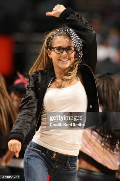 LadyCat Jordan Fish of the Charlotte Bobcats dances during the game against the New Orleans Pelicans at the Time Warner Cable Arena on February 21,...