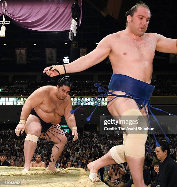 Brazilian wrestler Kaisei pushes Russian wreslter Amuuru out of the ring to win during day ten of the Grand Sumo Summer Tournament at Ryogoku...