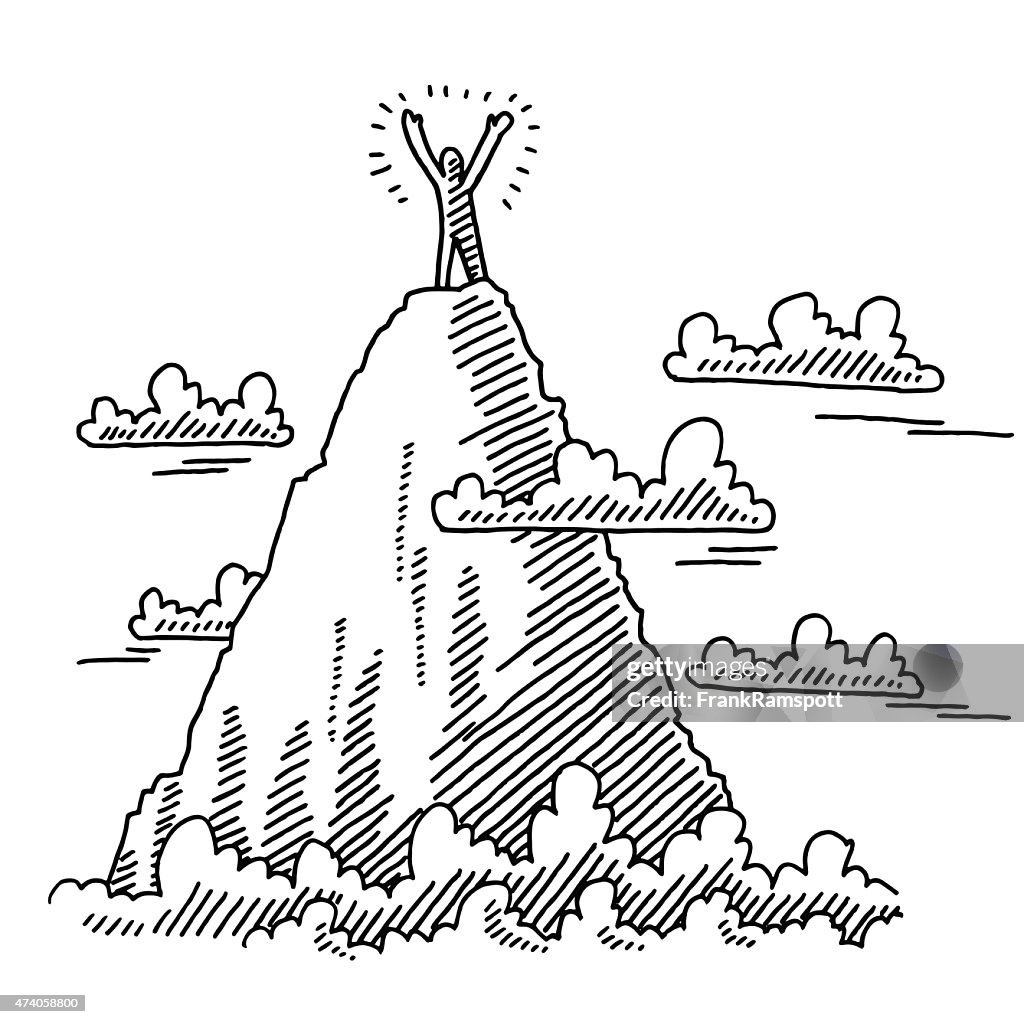 Businessman On Top Of Mountain Drawing