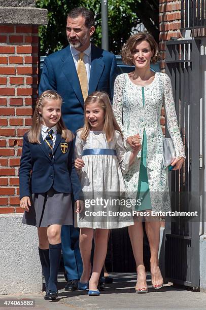 King Felipe VI of Spain, Queen Letizia of Spain and Princess Sofia of Spain attend the First Communion of Princess Leonor of Spain on May 20, 2015 in...