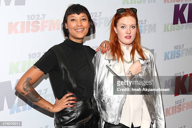 Aino Jawo and Caroline Hjelt of Icona Pop pose following a private performance at Clear Channel Media and Entertainment on February 21, 2014 in...