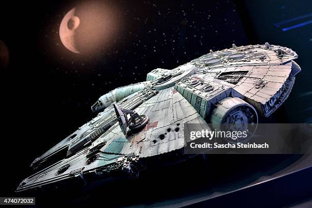 The original model of Han Solo's famous pirate freighter "The Millennium Falcon" is seen during 'Star Wars Identities' Exhibtion Press Preview & VIP...