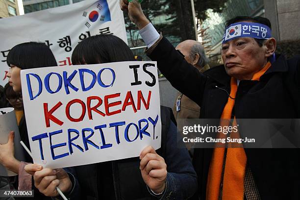 South Korean activists and students participate in an anti-Japan rally in front of the Japanese embassy on February 22, 2014 in Seoul, South Korea....