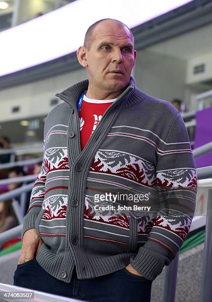 Olympian Alexander Karelin of Russia attends the Men's Ice Hockey Semifinal Playoff between Sweden and Finland on Day 14 of the 2014 Sochi Winter...