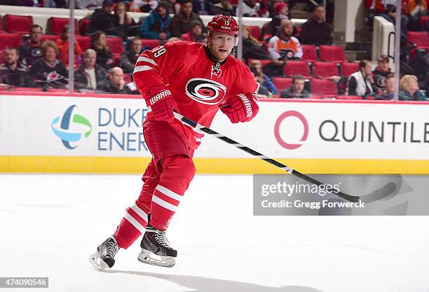Jiri Tlusty of the Carolina Hurricanes in action against the Philadelphia Flyers during an NHL game on February 24, 2015 at PNC Arena in Raleigh,...