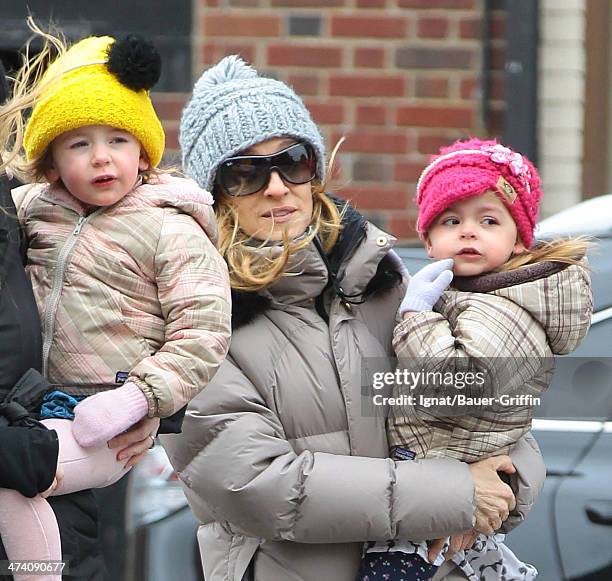 Sarah Jessica Parker is seen with her twins Marion Loretta Elwell Broderick and Tabitha Hodge Broderick on March 06, 2013 in New York City.