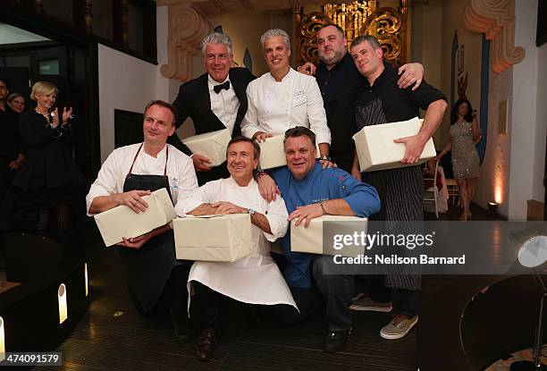 Chefs Anthony Bourdain, Eric Ripert, David McMillan, Frederic Morin, Andrew Carmellini, Daniel Boulud, and Francois Payard attend Ocean Liner dinner...