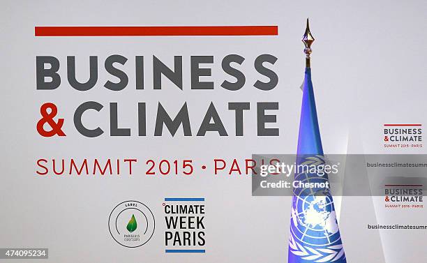 Logo is displayed during the "Business & Climate Summit 2015" at the UNESCO headquarters on May 20, 2015 in Paris, France. 200 days before the UN...