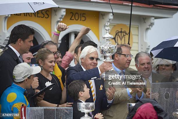 140th Preakness Stakes: Ahmed Zayat , owner of American Pharoah, and trainer Bob Baffert victorious with Woodlawn Vase trophy in Winner's Circle...