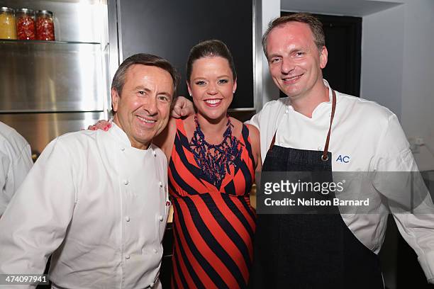 Chef Daniel Boulud, Katherine Gage, and chef Andrew Carmellini attend Ocean Liner dinner hosted by Anthony Bourdain, Frederic Morin, David McMillan,...